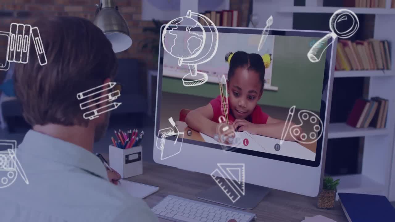 Animation of school icons over male teacher and biracial schoolgirl on computer online lesson