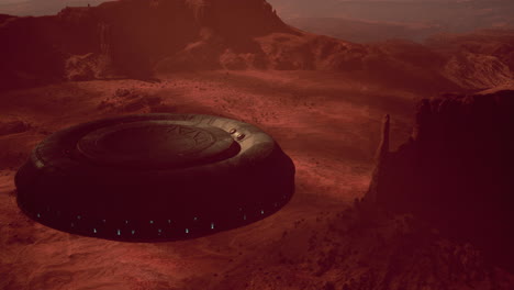 una nave espacial alienígena flotando sobre el paisaje marciano.
