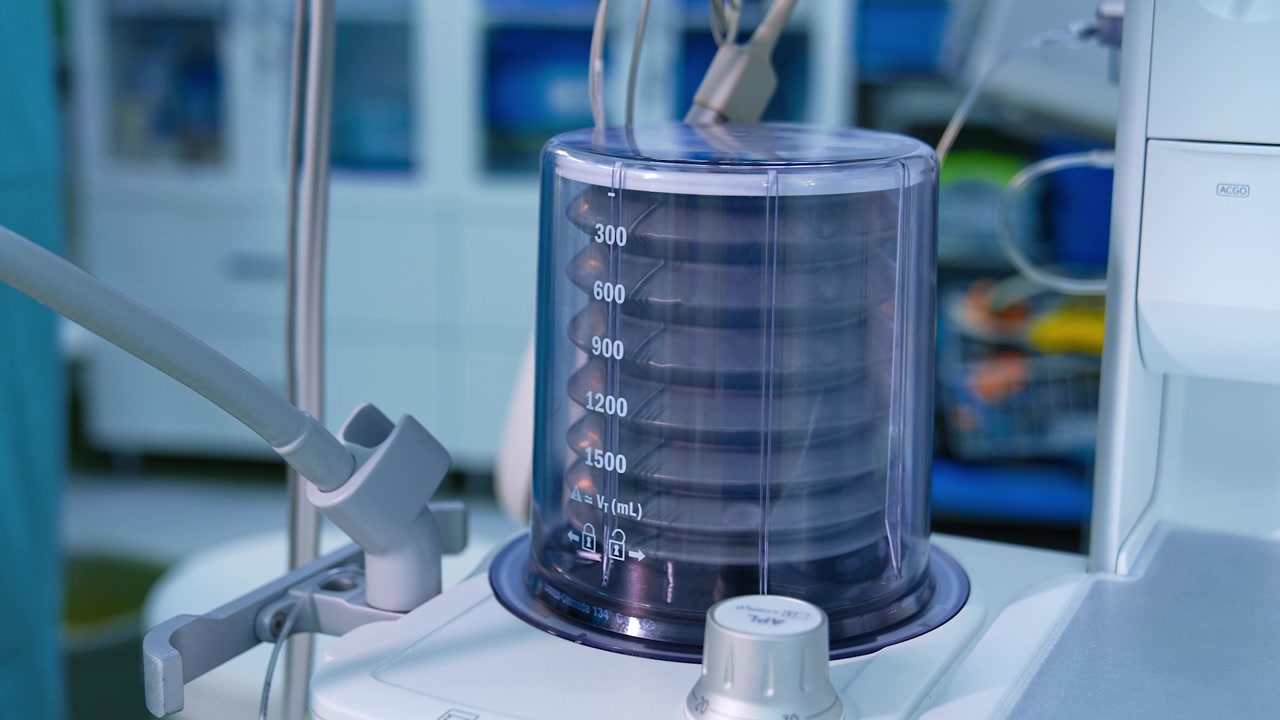 Pump of a modern lung ventilating machine. Equipment in surgery room during operations. Close up.