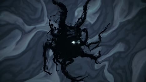 masa de tentáculos sombríos que se materializan desde profundidades de tinta, emitiendo ojos brillantes penetrantes mientras generan una sensación abrumadora de temor primordial y amenaza sobrenatural