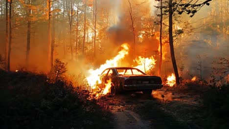 a car is engulfed by flames in a forest