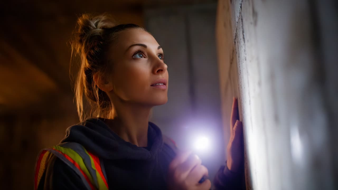 A Determined Woman Illuminates the Shadows of an Industrial Environment with a Flashlight, Exploring Hidden Details and Revealing Secrets in a Dimly Lit Construction Site with Focus and Insightfulness