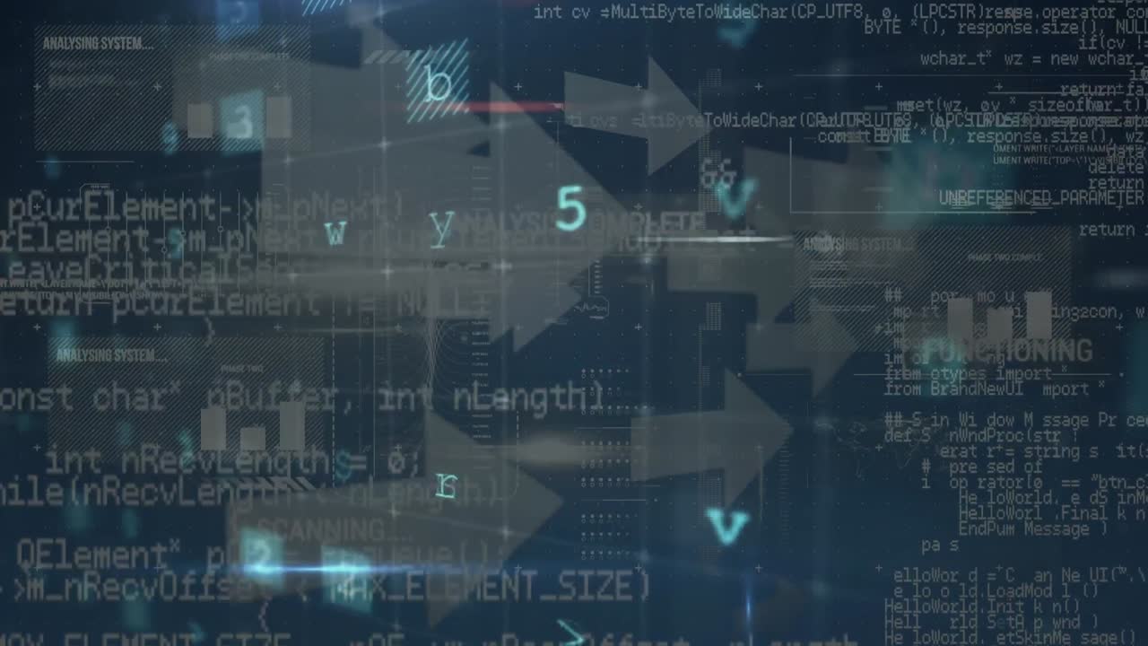 Animation of cyber attack warning over data processing and arrows on black background