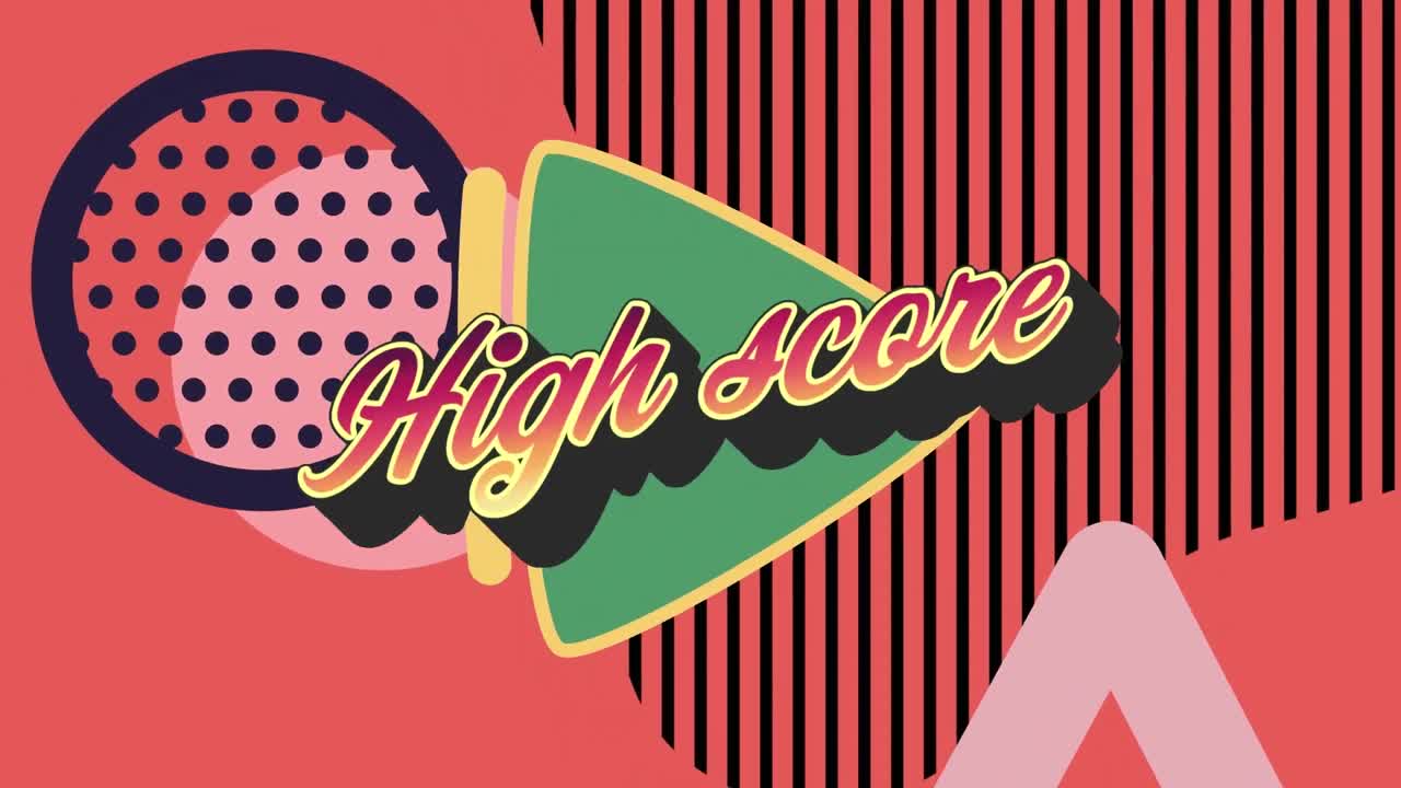 다채로운 그래픽과 모양 위에 높은 점수 텍스트의 애니메이션