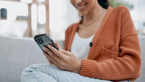 Hands-closeup,-phone-and-woman-on-sofa