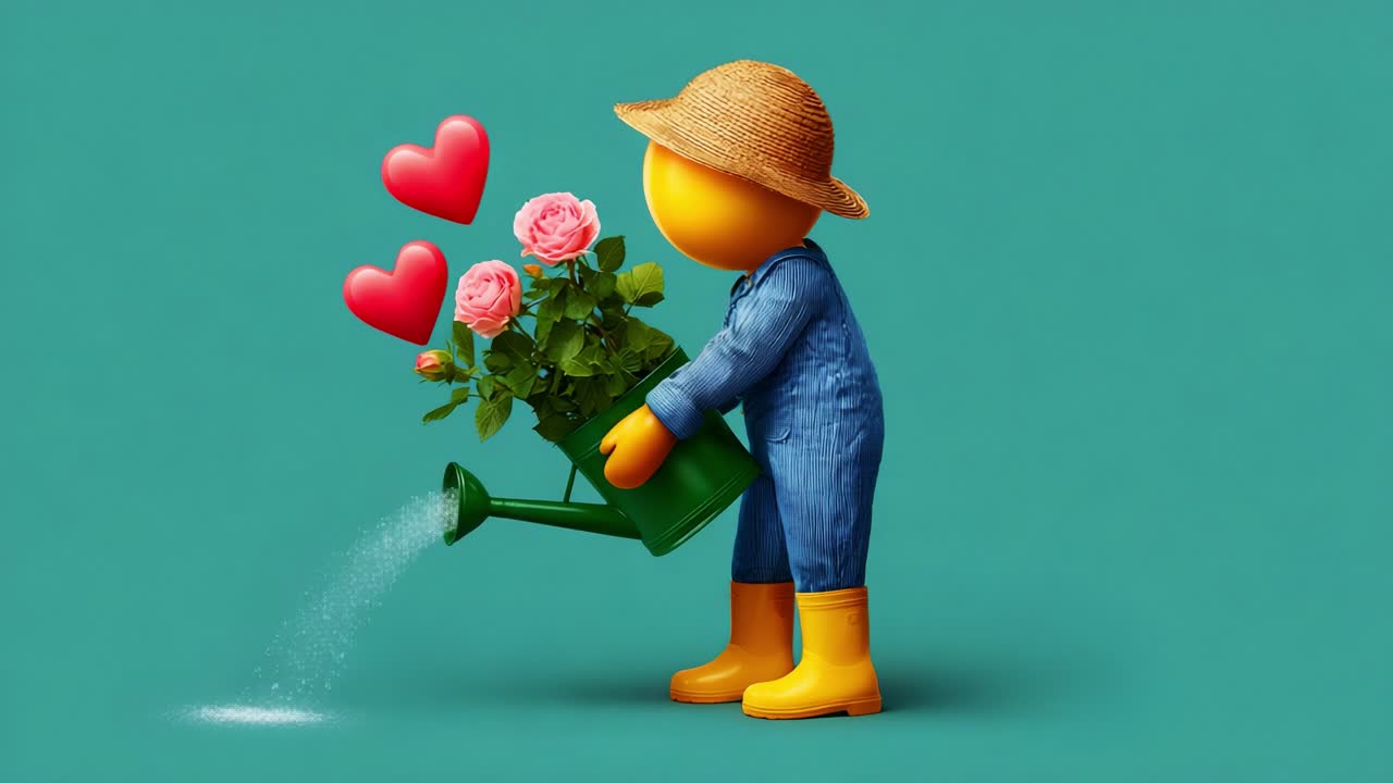 Uma figura alegre, de chapéu de palha e macacão, rega com carinho uma roseira florida, irradiando alegria com corações, ilustrando a beleza de cultivar o amor e a natureza