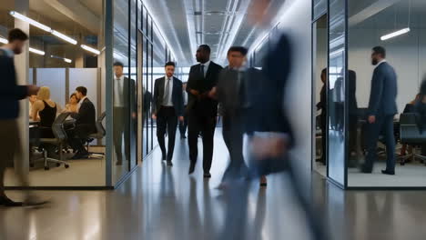 busy professional people walking through modern office corridor
