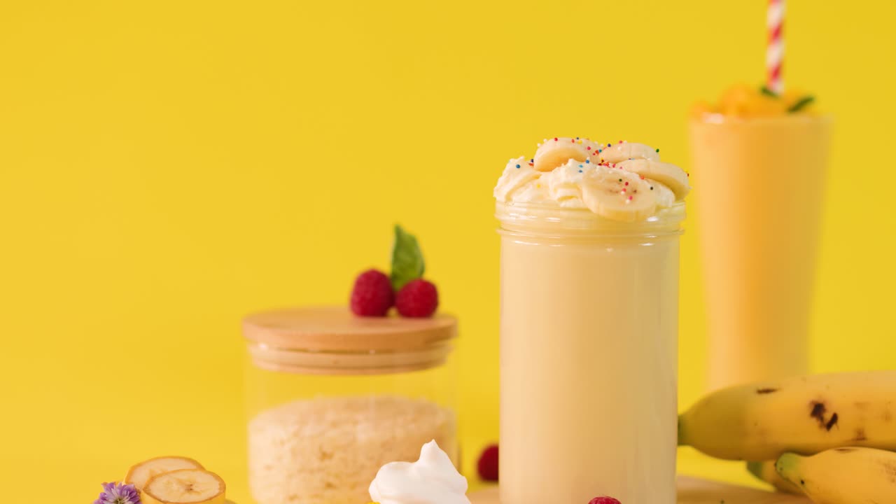Primo piano di un frullato di banana con panna montata mentre una mano inserisce una cannuccia a righe, illuminazione brillante da studio