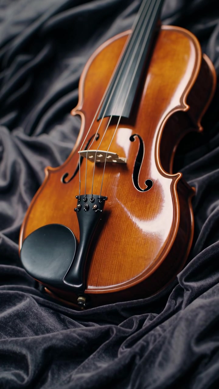 Classic Wooden Violin Resting on Dark Velvet Fabric