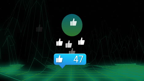 thumbs-up icons and number 39 floating over digital landscape animation