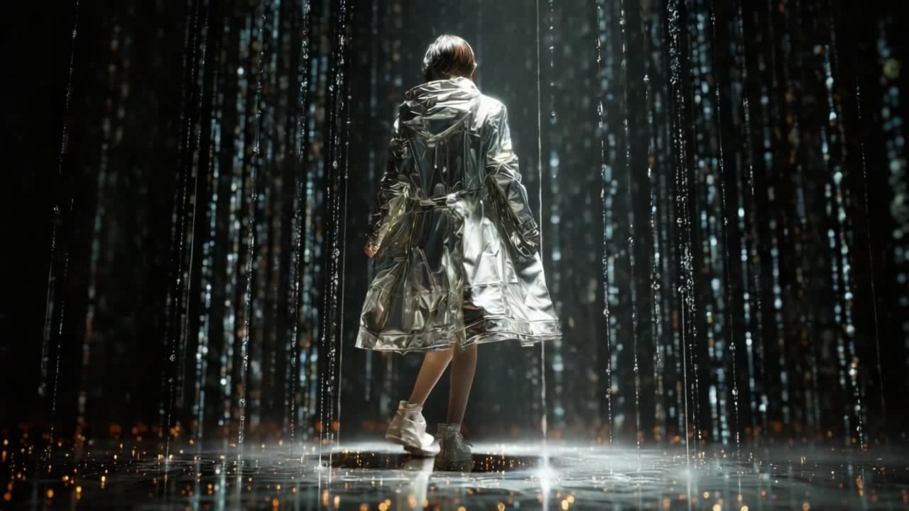 A mesmerizing representation of a figure in a shimmering silver raincoat walking through a cascade of glistening lights and water droplets, creating an enchanting atmosphere of beauty and mystery