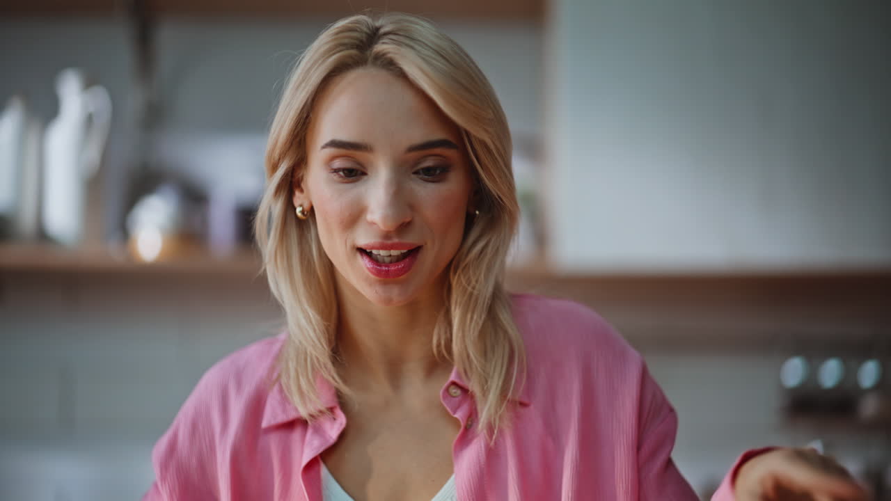 Online woman greeting laptop video call home kitchen closeup. Happy freelancer