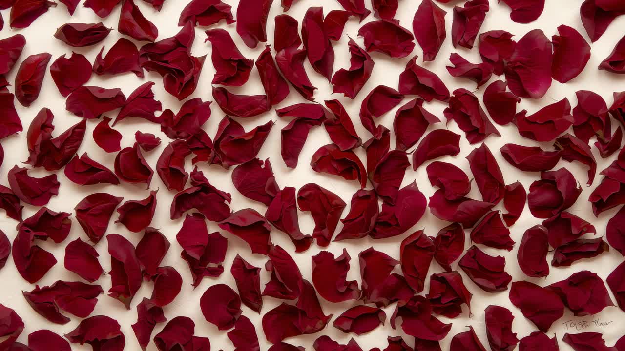 Covering deep red rose petals spreading across white tabletop camera staying fixed for studio set