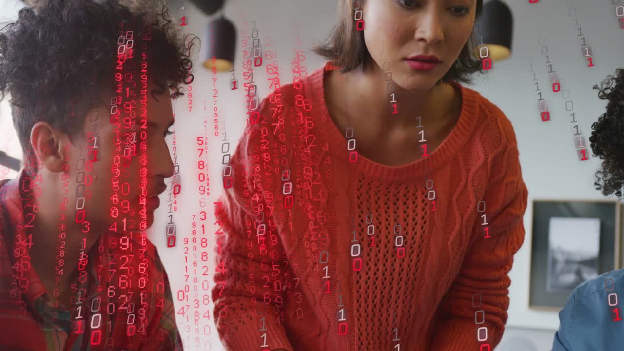 Woman leaning and picking green pen, marking file for business as red data overlay obscuring hands