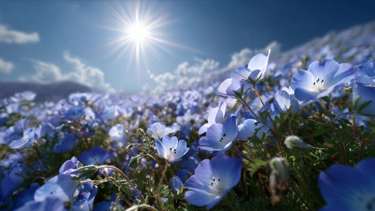 Una vista mozzafiato di un campo di fiori blu vibranti sotto un cielo limpido, illuminato dalla luce solare intensa, che cattura la bellezza della natura in piena fioritura e serenità.