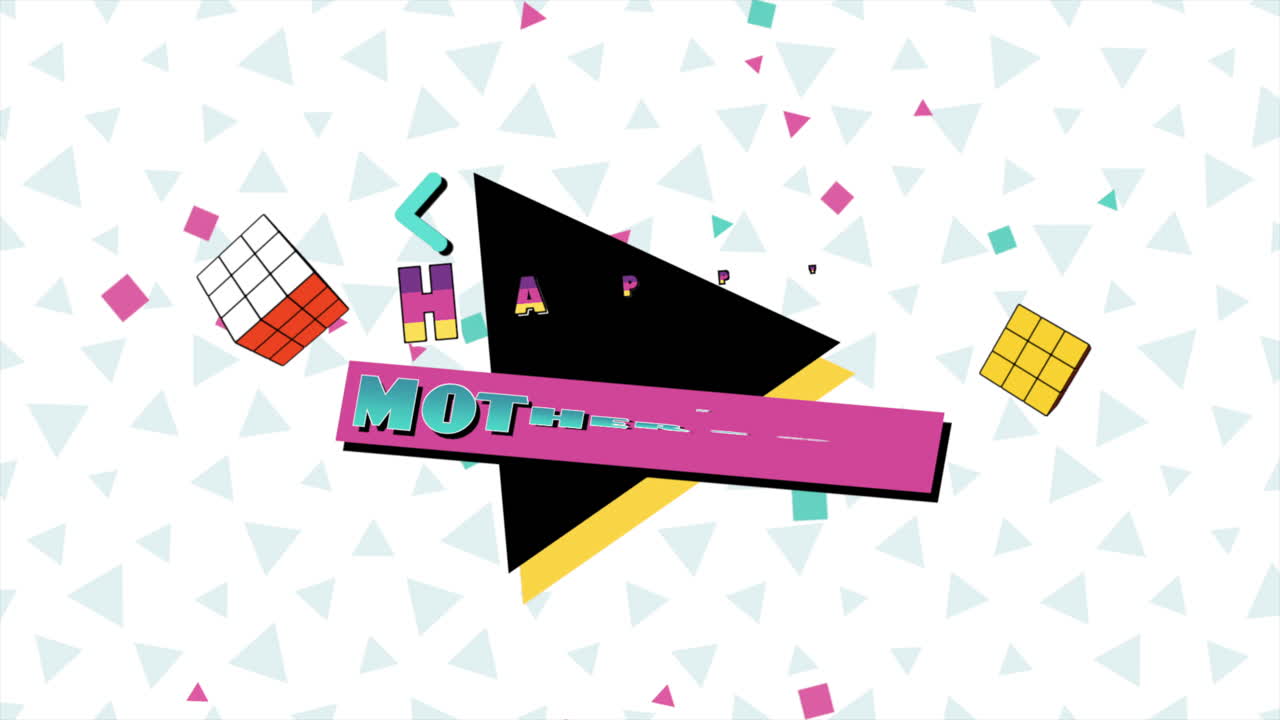 흰색 그라데이션에 멤피스 기하학적 큐브와 삼각형이 있는 어머니의 날