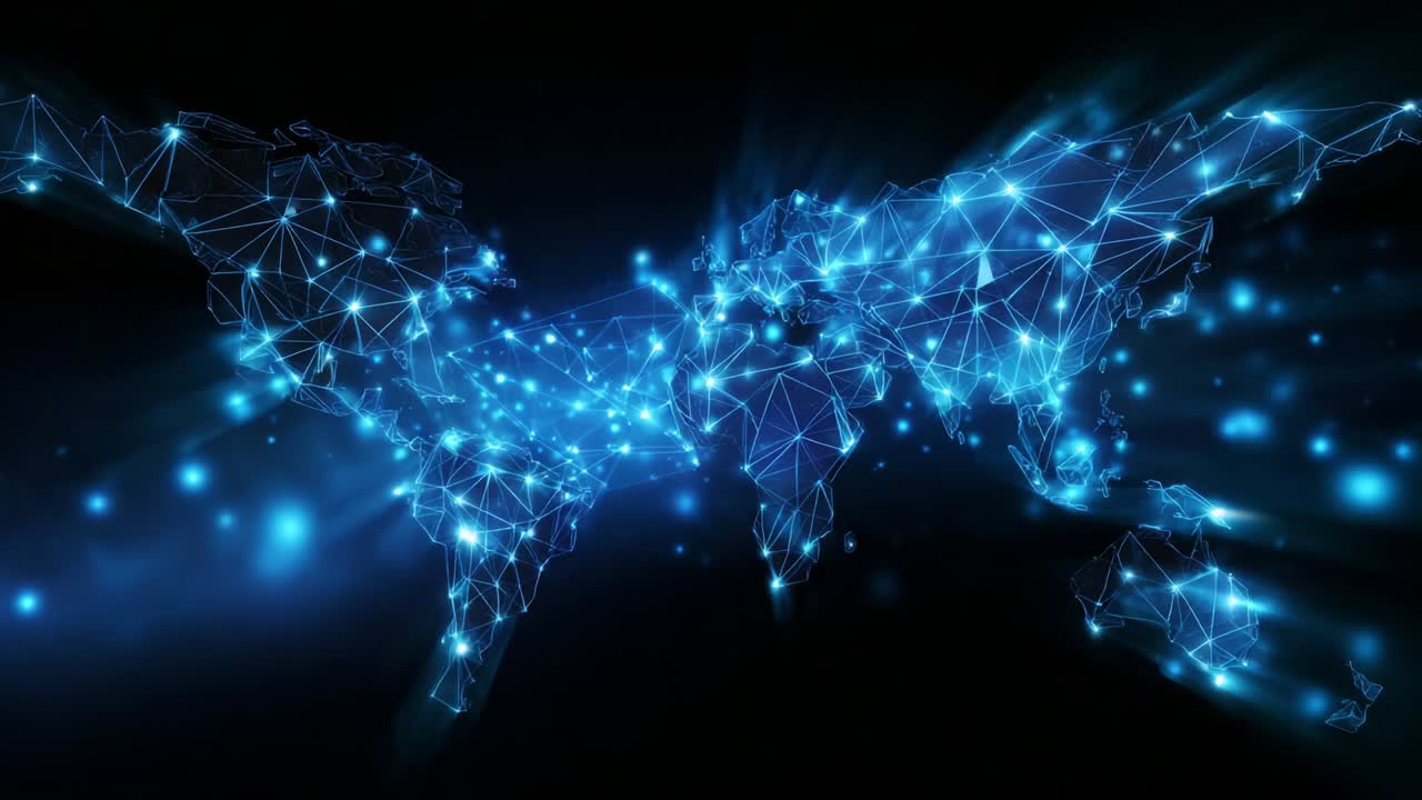Representação visual de uma rede global conectada: uma representação artística mostrando linhas abstratas e nós que formam uma grade dinâmica em um mapa-múndi estilizado iluminado por uma luz radiante