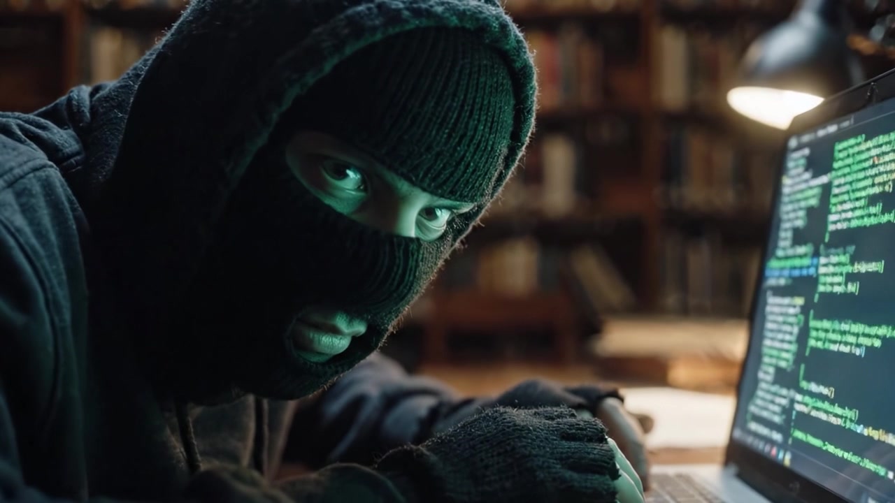 En mystisk figur engageret i cyberindtrængen, der analyserer kode og data i et dæmpet oplyst biblioteksmiljø, hvilket viser spændingen ved en digital indtrænger på arbejde