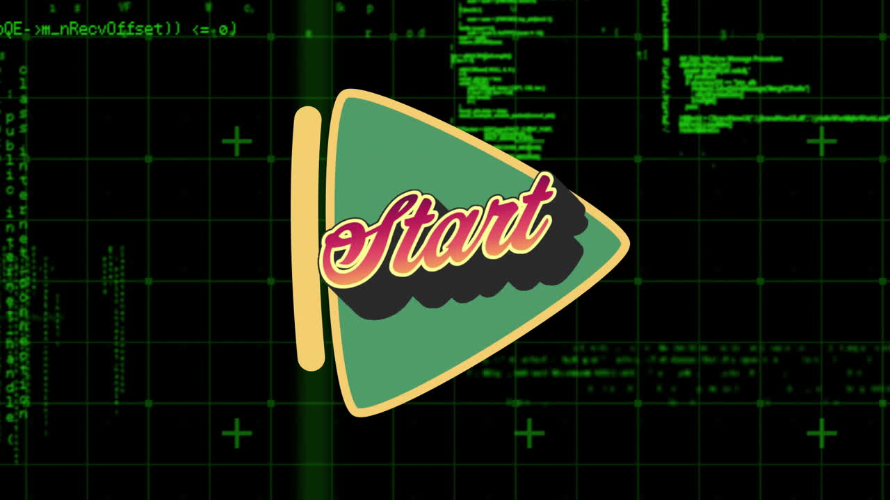 Animation of retro Start button over digital grid with green coding elements