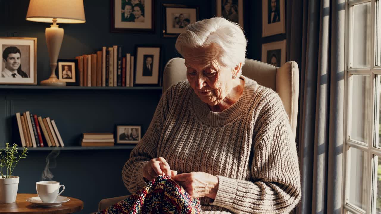 Warm, cozy video scene of an elderly woman knitting in a sunlit room