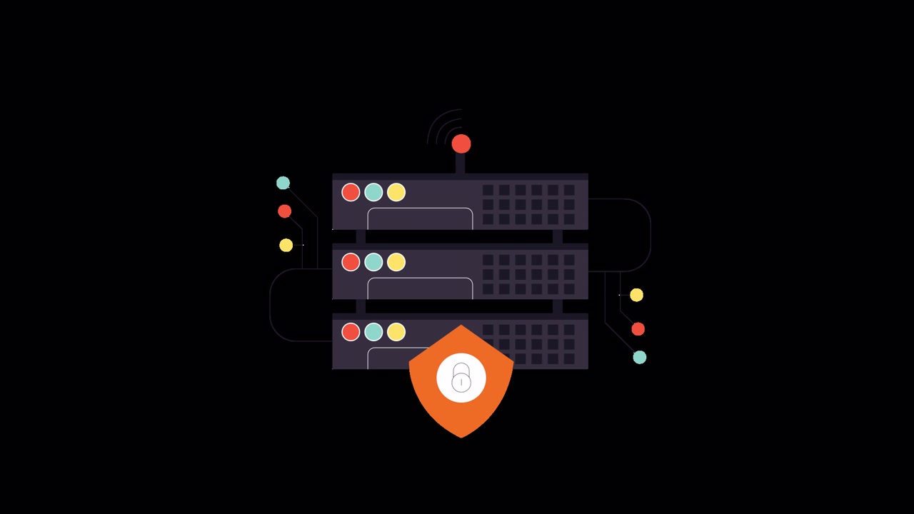 Illustration animée de rack de serveur sécurisé avec connexions réseau