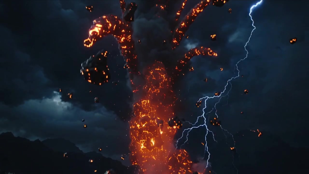 Fonte de lava em erupção jorrando de uma fissura, lançando ejetos incandescentes, cinzas sobre o campo de lava, relâmpago.