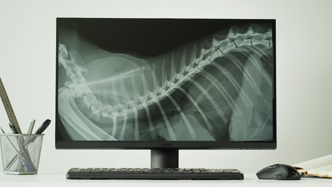 Veterinarian examining a dog's spine x-ray