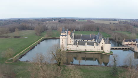 aerial drone point of view of the chateau du plessis-bourre in the loire valley, france