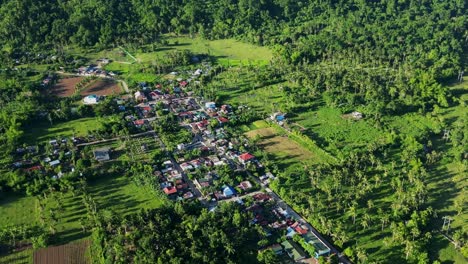settlements nestled in dense tropical natural landscape in timbaan, san andres, catanduanes, philippines. aerial pullback shot