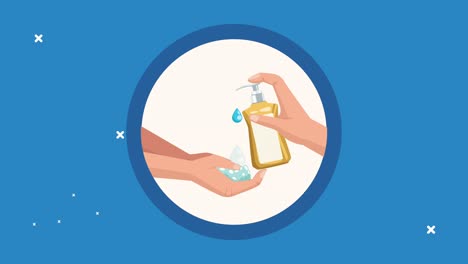 animación global de lavado de manos con manos usando sello de jabón antibacteriano