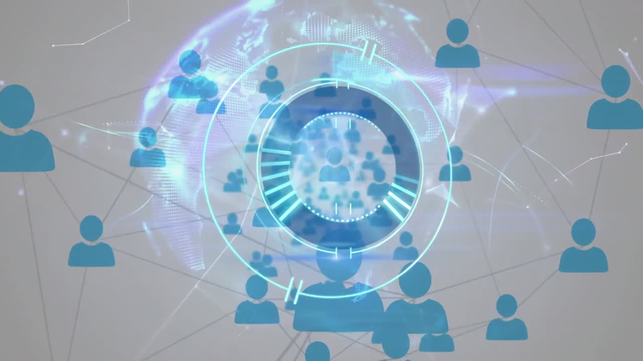 animación digital del escáner redondo de neón contra una red de iconos de perfil contra un fondo gris
