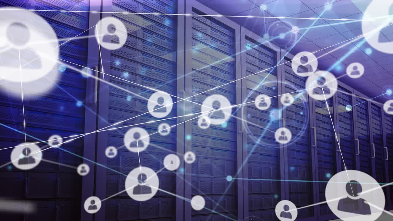 Animation of network of connections with icons over server room