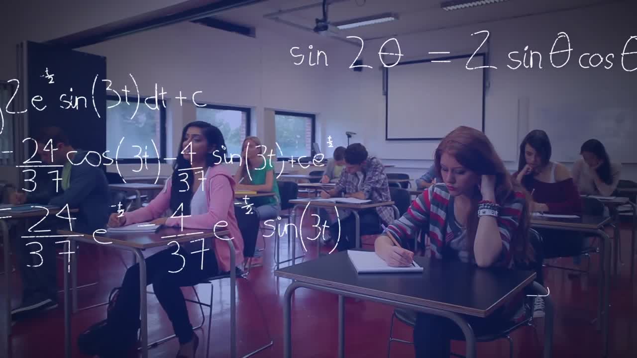 Students studying and mathematical equations