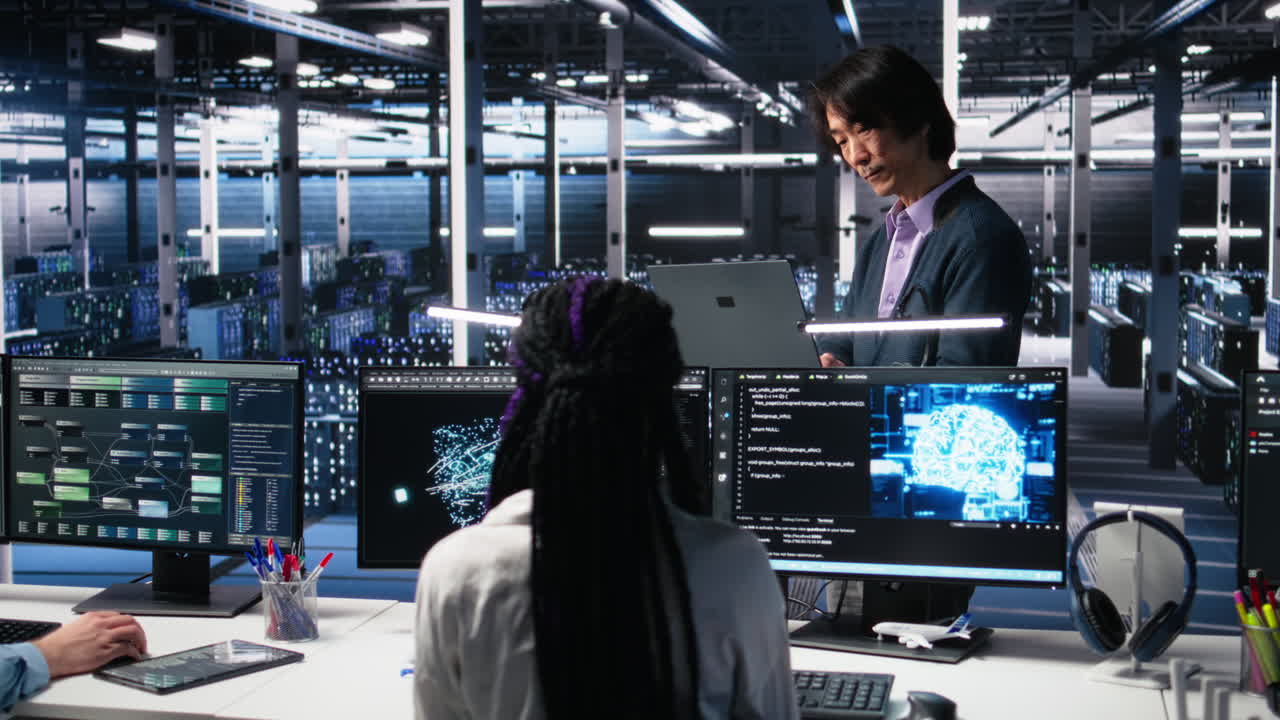 Team Leader Supervising Technicians In Server Room Using Ai