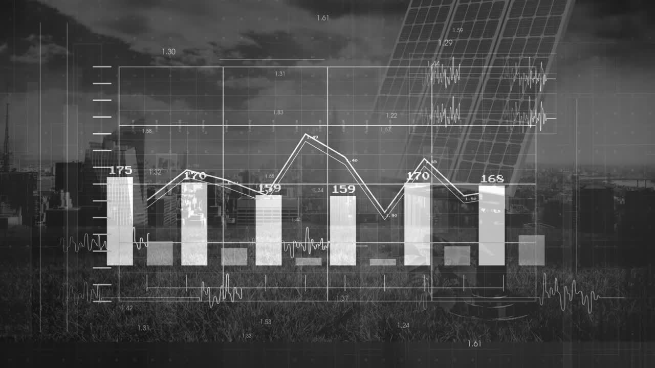 Data visualization being displayed over skyline and grass, with clear bars and line graph overlays