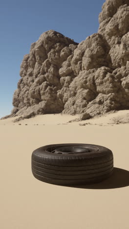 a tire lies abandoned in the desert, a lone object in a vast landscape.