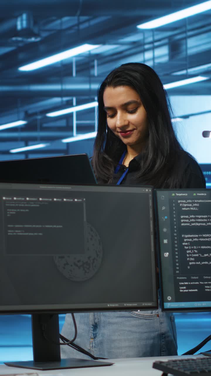 Female Programmer Working on Multiple Monitors in Data Center