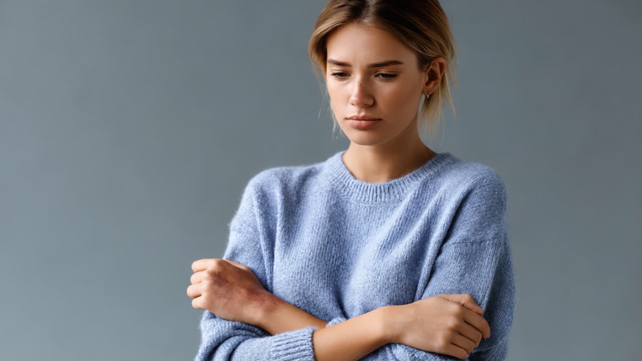 Una giovane donna con un morbido maglione blu appare contemplativa e introspettiva, incarnando un momento di riflessione su uno sfondo grigio tenue, trasmettendo profonda emozione e pensiero
