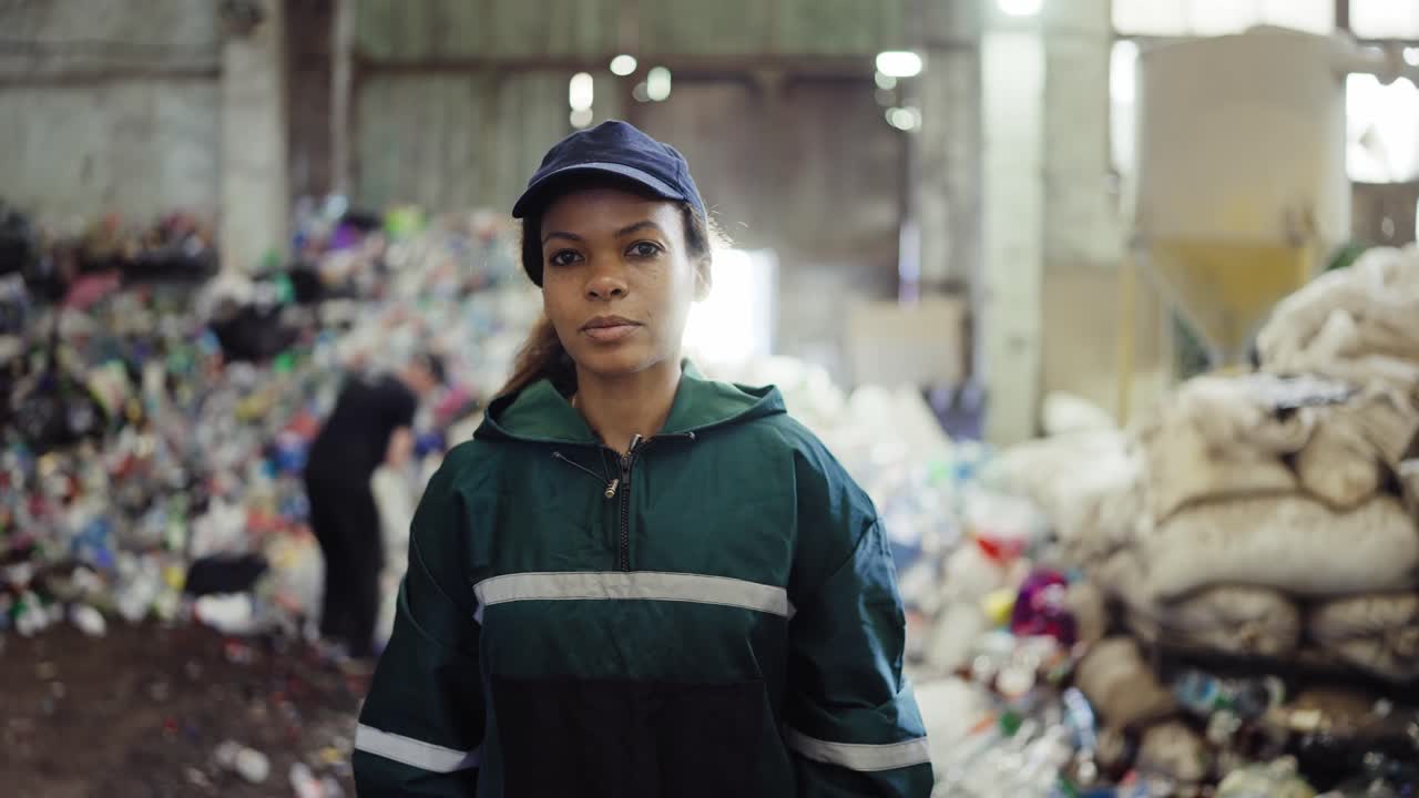Portrait of a young African American woman at a recycling plant. Garbage in the background. Pollution control