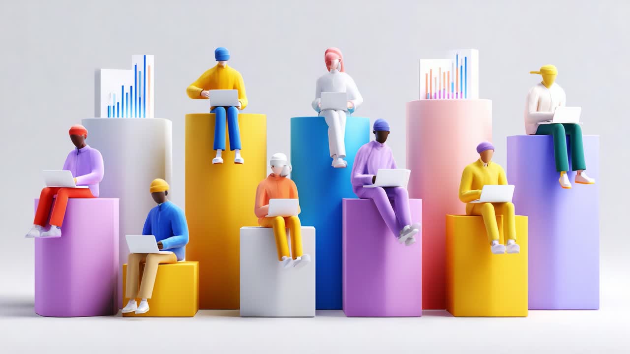 A Diverse Group of Stylized Figures Engaged in Technology-Driven Activities, Each Working on Laptops Surrounded by Colorful Graph Columns Representing Data Insights and Growth