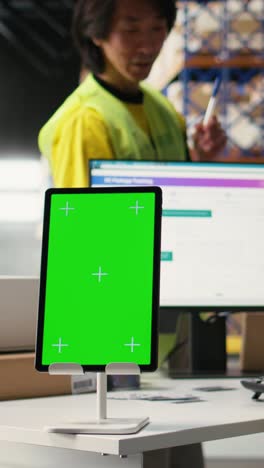 vertical video warehouse employee in a hi-vis vest uses copy space display with technology