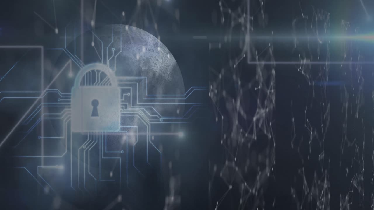Animation of connections, lights and integrated circuit with globe on black background