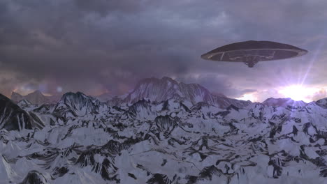 una nave espacial alienígena sobre montañas nevadas al amanecer.