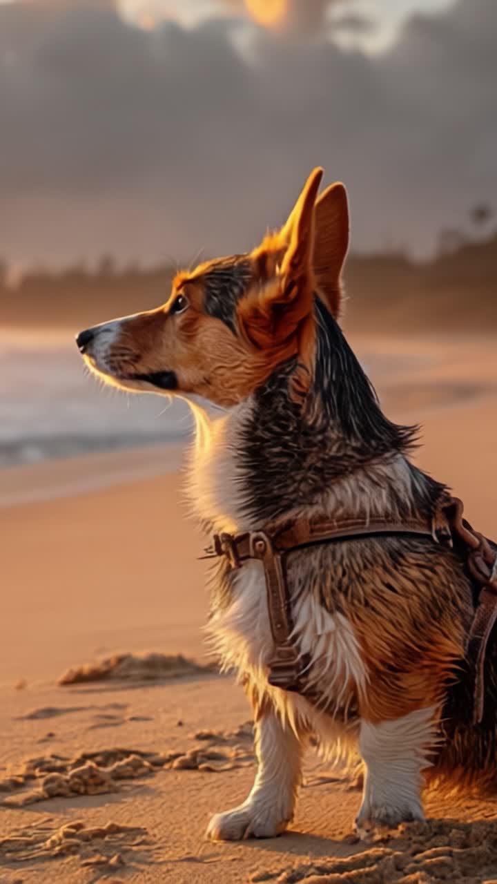 A Majestic Corgi in Profile Captured at Sunset on the Beach, Highlighting the Dog's Fluffy Coat and Pensive Expression Amid a Scenic Coastal Landscape