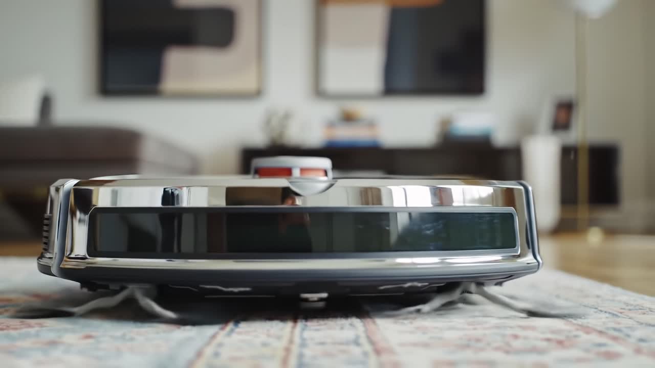 An Automated Vacuum Cleaner Navigating a Stylish Living Room with Modern Décor and Cozy Ambiance, Showcasing Home Technology in Action