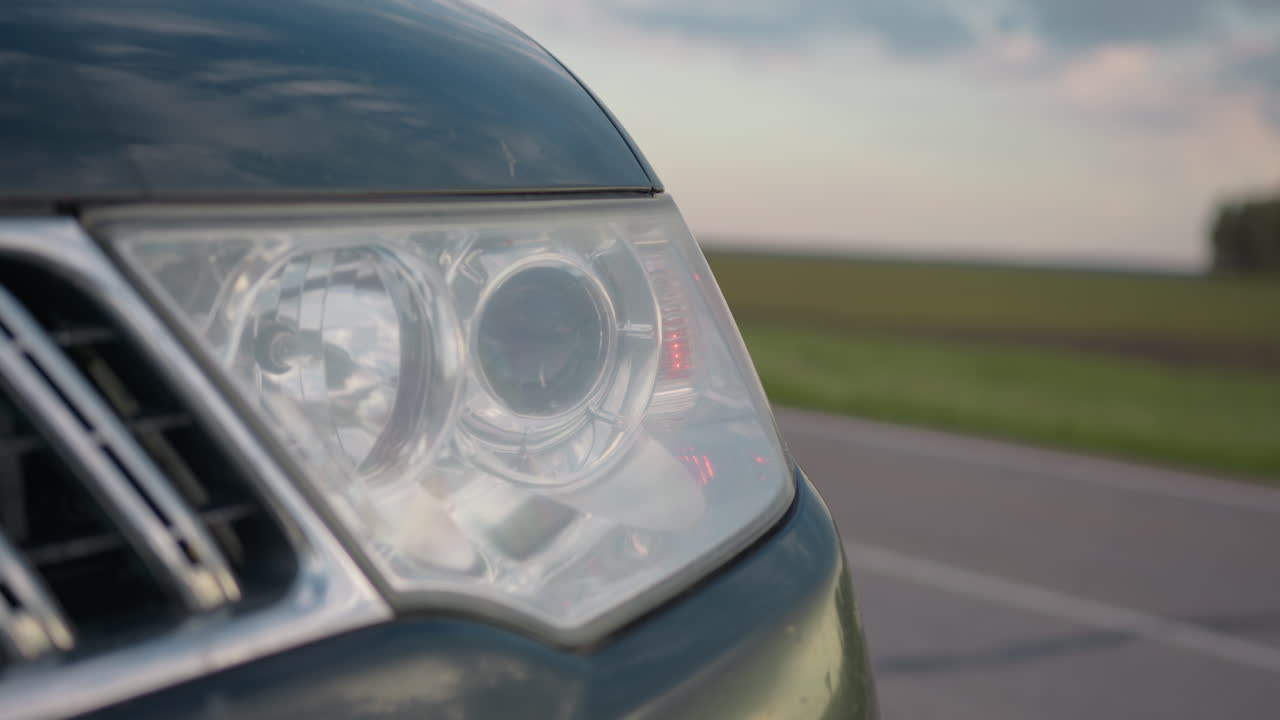 Close up of modern car headlight blinking beside quiet countryside road, shiny chrome details reflecting soft light from serene open field, under calm blue evening sky and distant trees