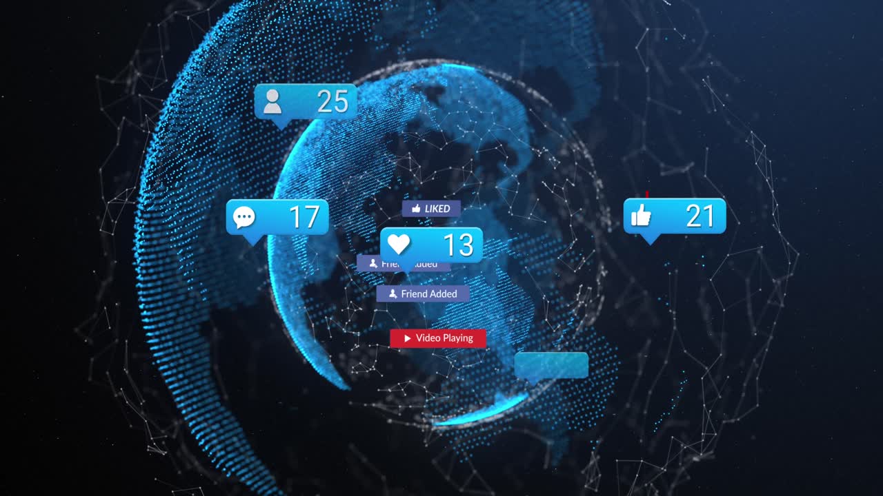 지구의 어두운 배경 위에 떨어지는 아이콘의 애니메이션