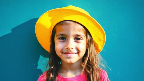 a young girl in a yellow hat smiles at the camera