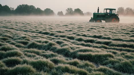 tractors in a misty, frosty field at dawn