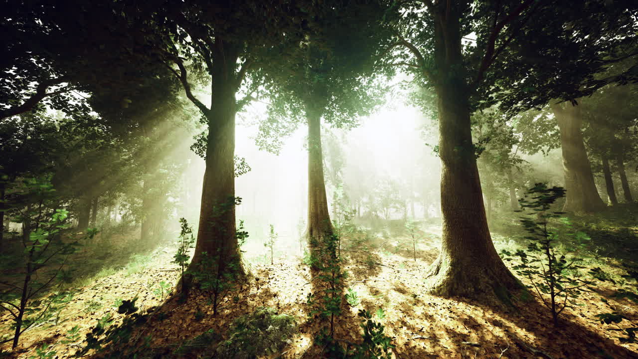 Sunlight filtering through trees in a serene forest setting
